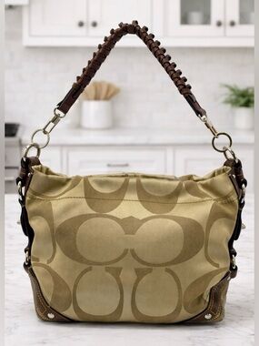 Coach Carly Op Art Sateen Hobo 13305 Khaki/Brown + Braided Strap